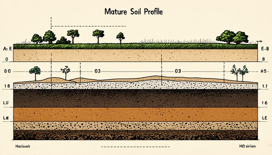 Illustration of a well-developed soil profile with labeled horizons