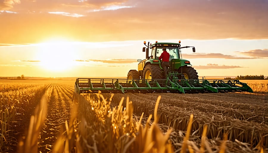 Farmer operating no-till equipment on a Canadian farm, emphasizing minimal soil disturbance