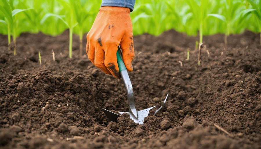 Specialized hand tool for planting and weeding in no-till vegetable beds with minimal soil disturbance