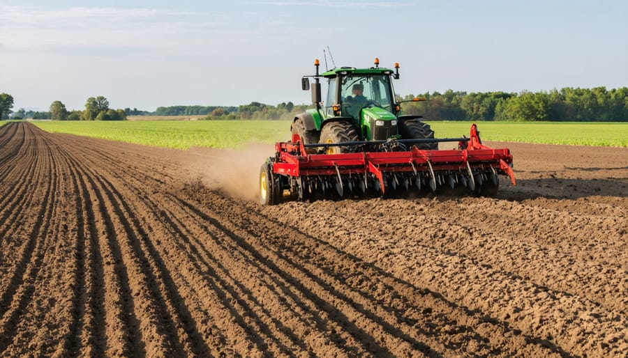 Tractor and no-till seed drill planting crops in a field with crop residue