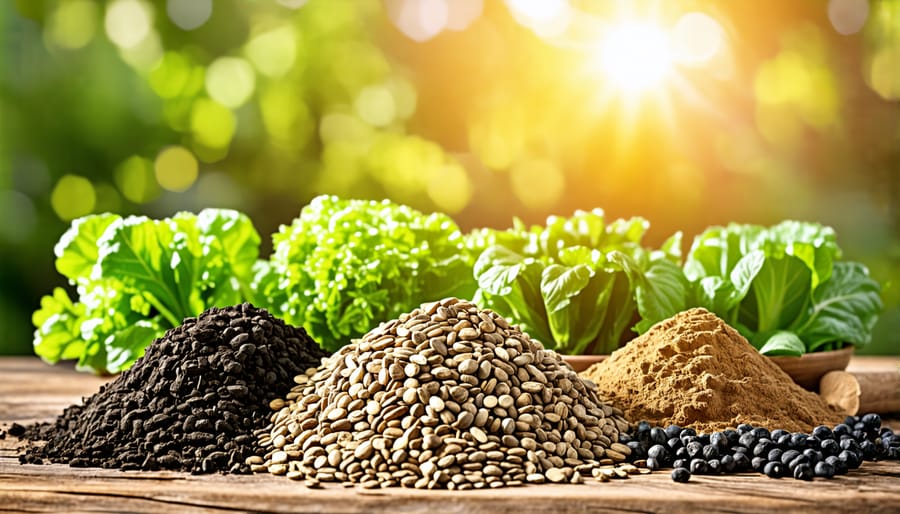 Various sustainable organic fertilizers on a rustic wooden surface