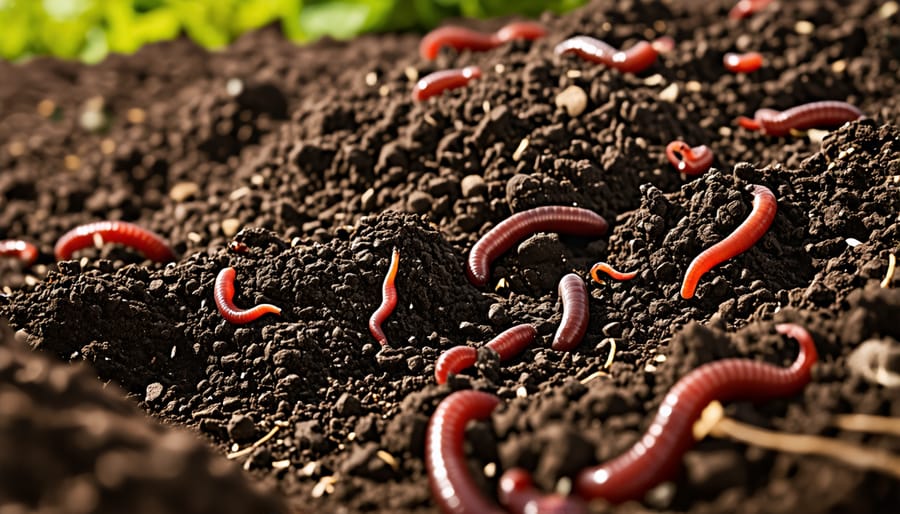 Close-up of organic farm soil showing earthworms and rich organic matter