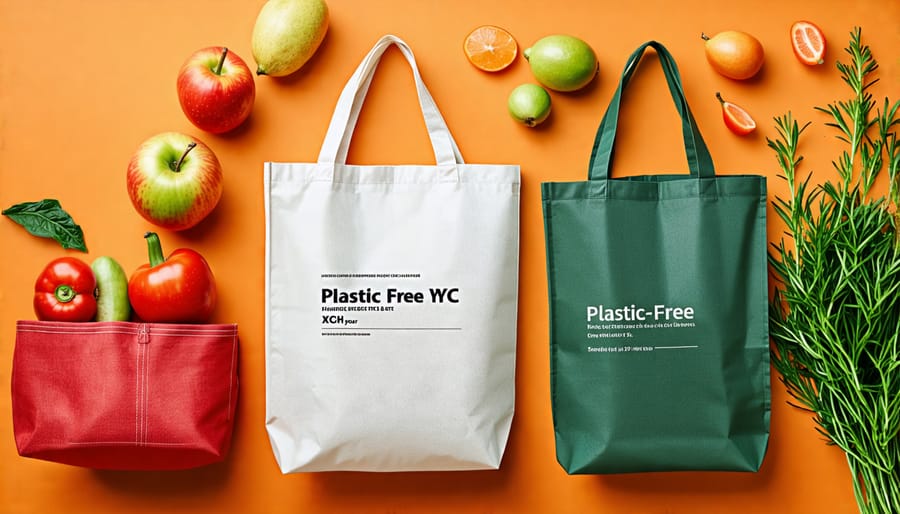 Assortment of reusable shopping bags and containers with the Plastic-Free YYC logo