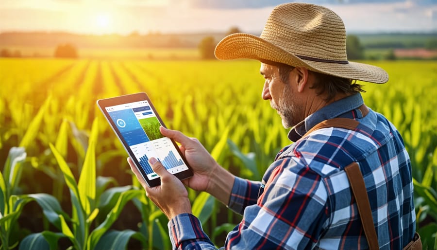 Farmer in field using digital tablet for precision agriculture data analysis