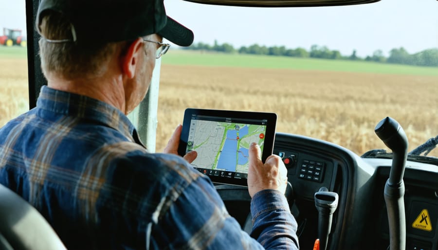 Farmer utilizing precision agriculture technology in a tractor