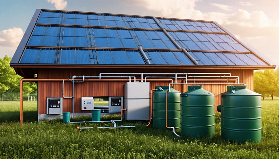 Barn with gutters and tanks for capturing and storing rainwater