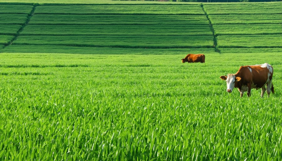 Regenerative farming landscape featuring cover crops and integrated livestock