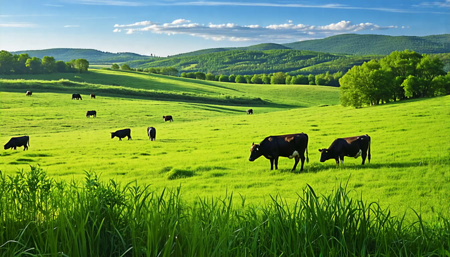 Cattle mob grazing in a diverse pasture, demonstrating regenerative agriculture