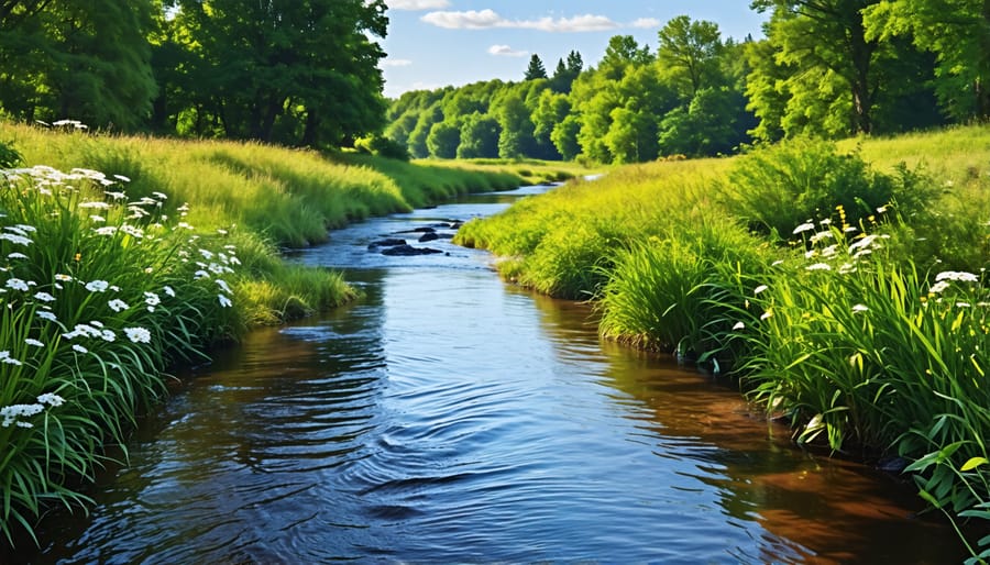 Riparian buffer with trees and vegetation along a stream on a farm