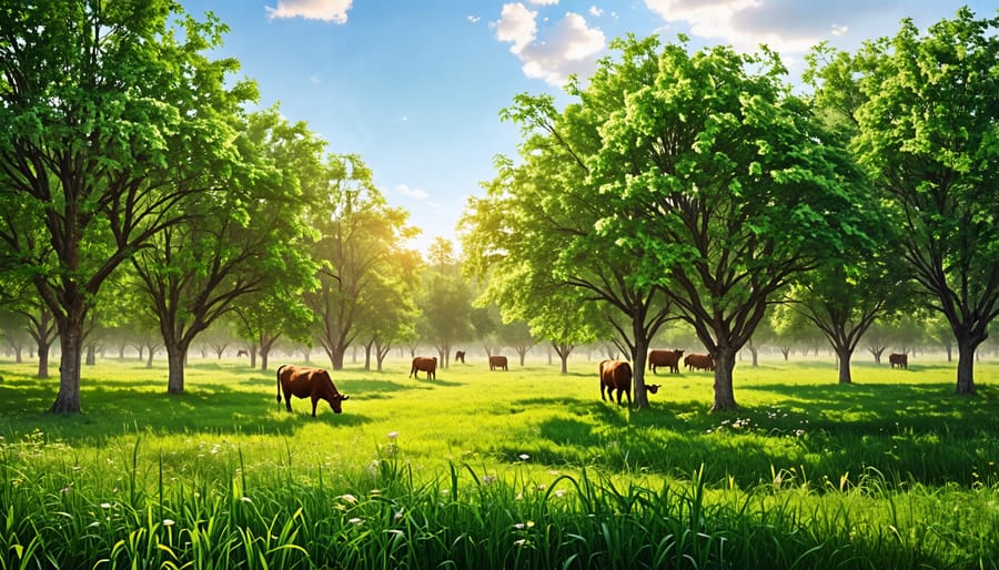 Cattle grazing among trees in a silvopasture system