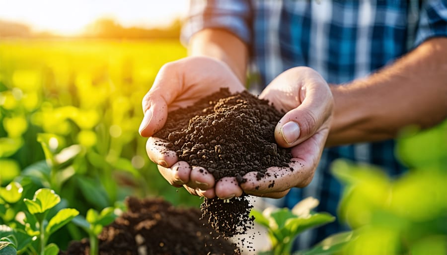 Farmer examining soil health in a field of thriving cover crops