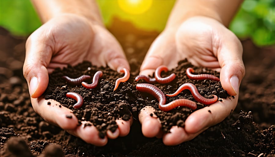 Hands cupping dark, fertile soil teeming with earthworms