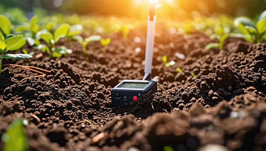 Soil moisture monitoring device installed in farm soil