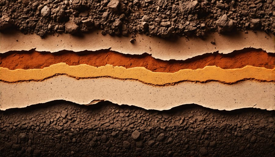 Soil profile with distinct layers representing various physical properties