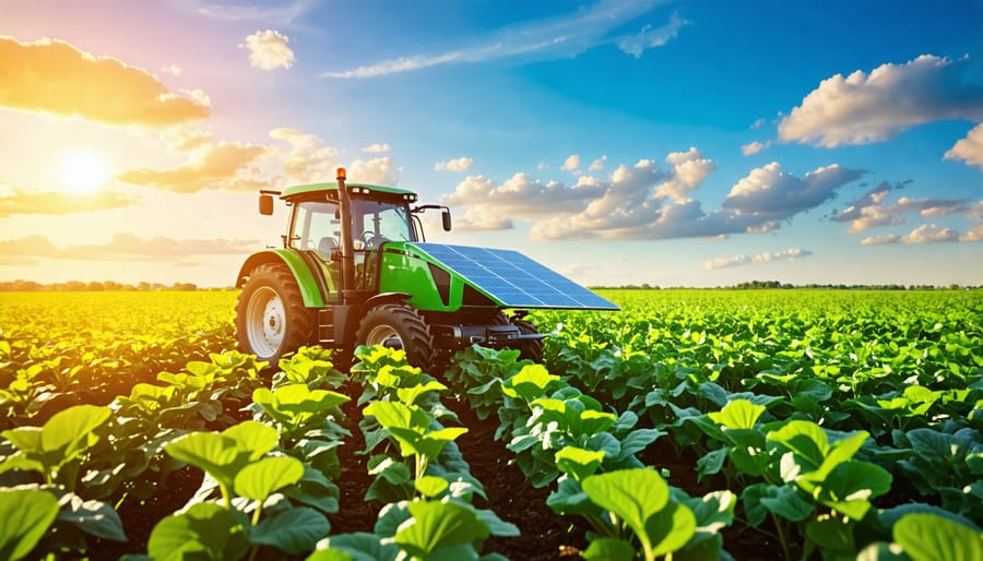 Organic farmer driving an electric solar-powered tractor