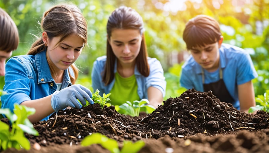 Students engaging in soil health activities by examining compost and soil samples