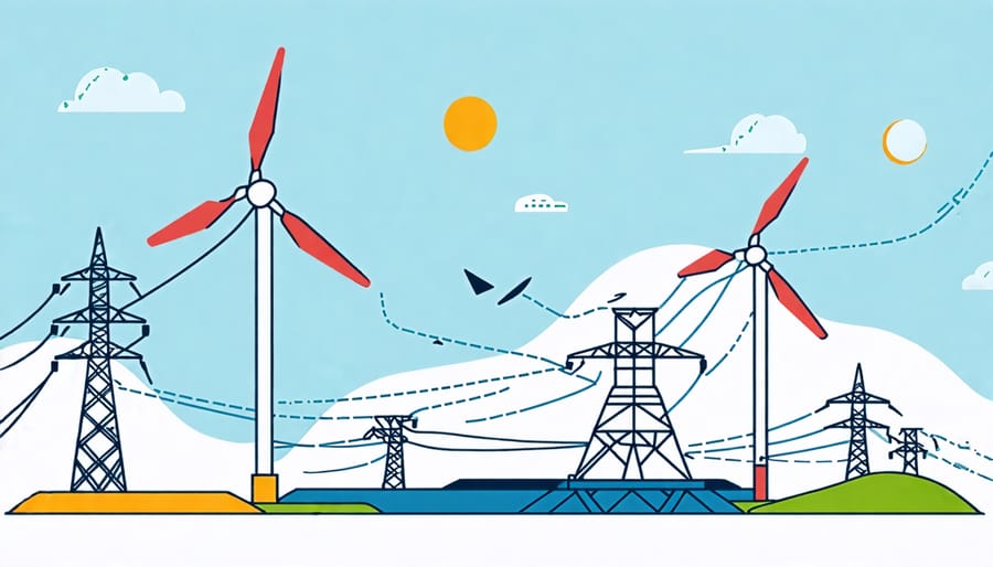 A conceptual diagram showing wind farm grid connection process, including turbines, substations, and power lines