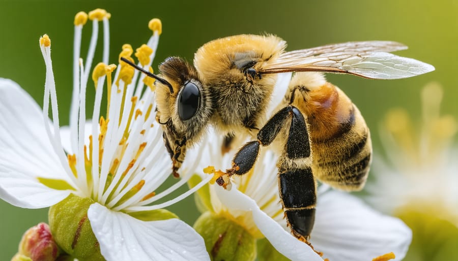 Honey bee collecting nectar and pollen from a fruit tree flower