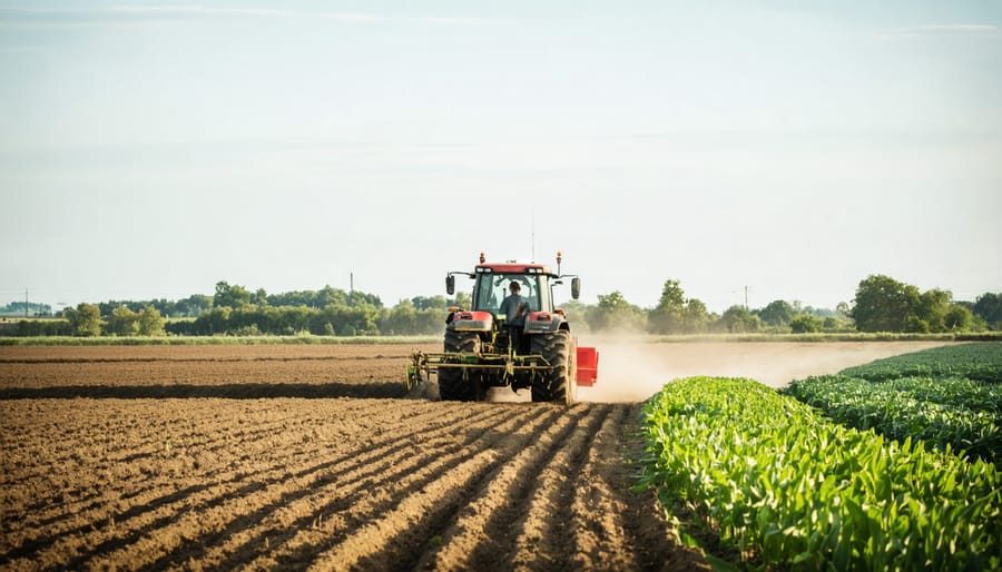 A farmer operating equipment for conservation tillage in an agricultural field