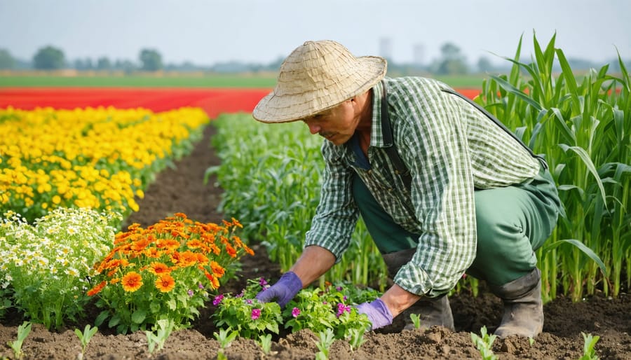 Demonstration of planting pollinator-friendly flowers on a farm to support bees