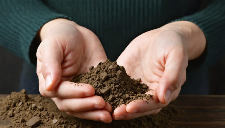 A person's hands holding a soil sample and a test tube, representing soil carbon testing