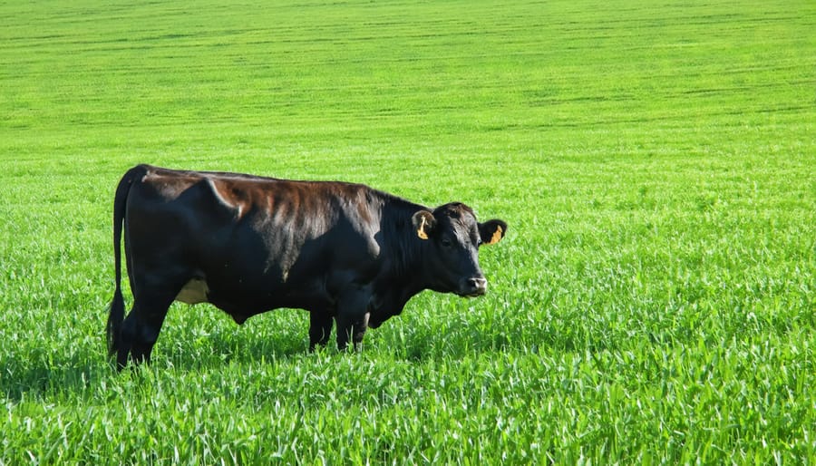 Herd of cattle grazing on a lush cover crop with mountains in the background