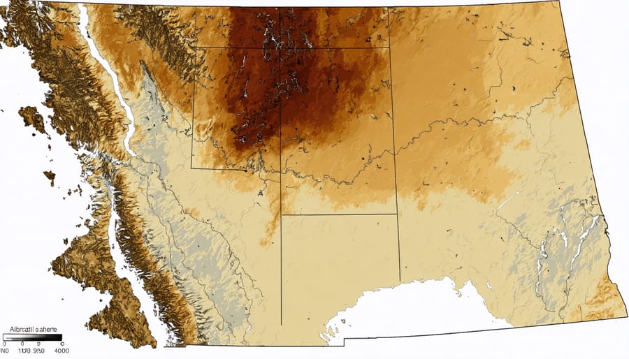 Color-coded satellite map visualization showing Alberta's changing rainfall patterns and drought zones from 2013-2023