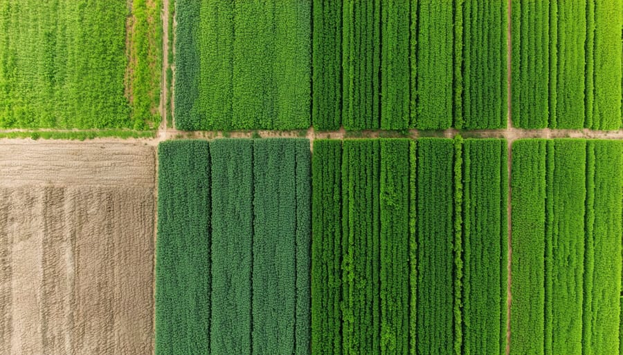 Patchwork of different crops growing in adjacent fields, showcasing crop rotation