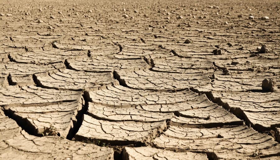 Drought-stricken field with cracked, dry soil