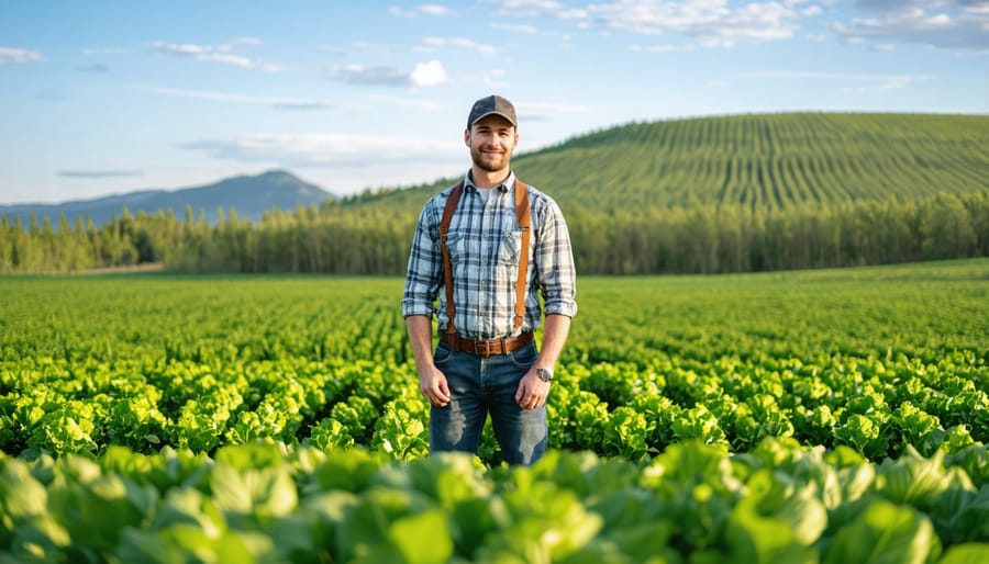 Proud Alberta farmer surrounded by healthy, diverse crops on a regenerative farm