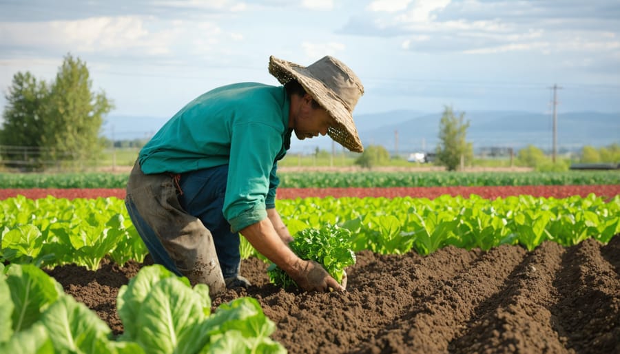 Farmer in Alberta, Canada, working with crops grown using vegan organic soil practices