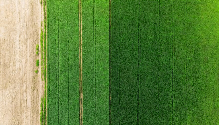 Monoculture farming field next to a thriving, biodiverse natural landscape