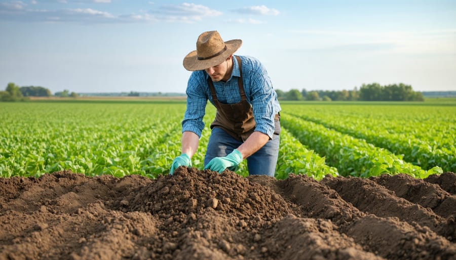 Farmer's hands holding rich, crumbly soil from a field under conservation tillage