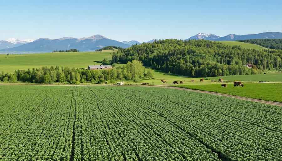 Aerial view of a permaculture farm in Alberta showcasing diversity and sustainability