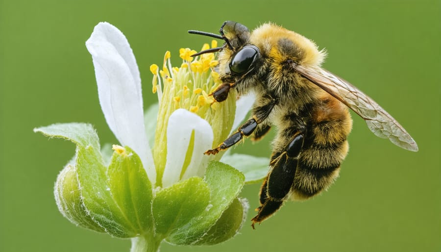 Alfalfa leafcutter bee in action, pollinating an alfalfa flower and carrying a cut leaf piece