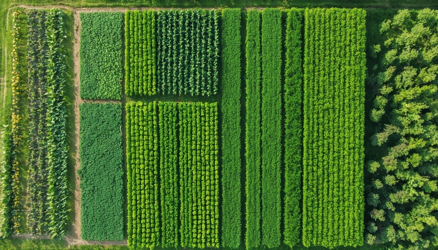 Bird's eye view of a biodiverse organic farm landscape