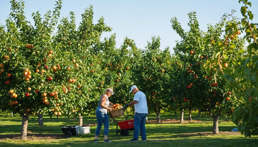 People picking fruits together in a community urban orchard in Calgary