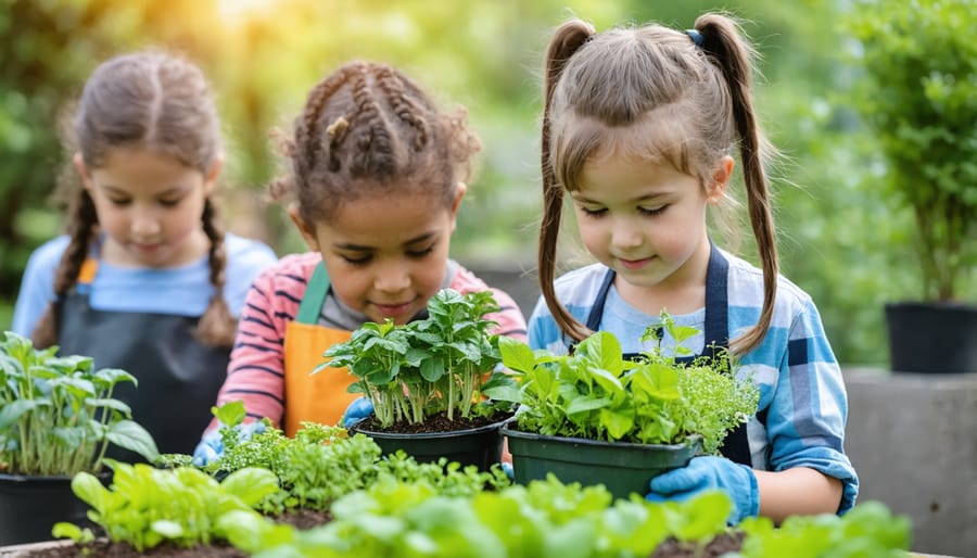 Group of children participating in an urban agroforestry workshop, learning about gardening