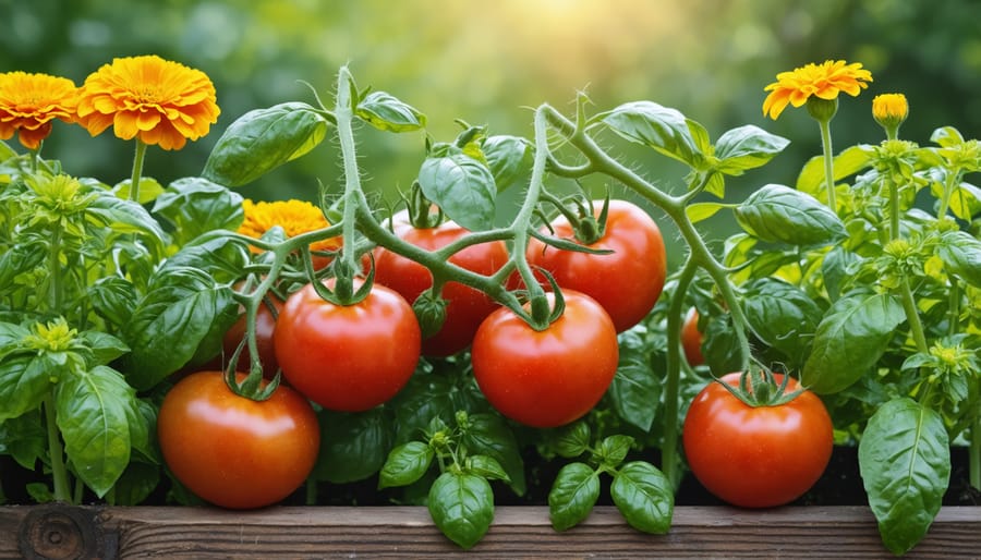 Companion planting with tomatoes, marigolds and basil in a garden