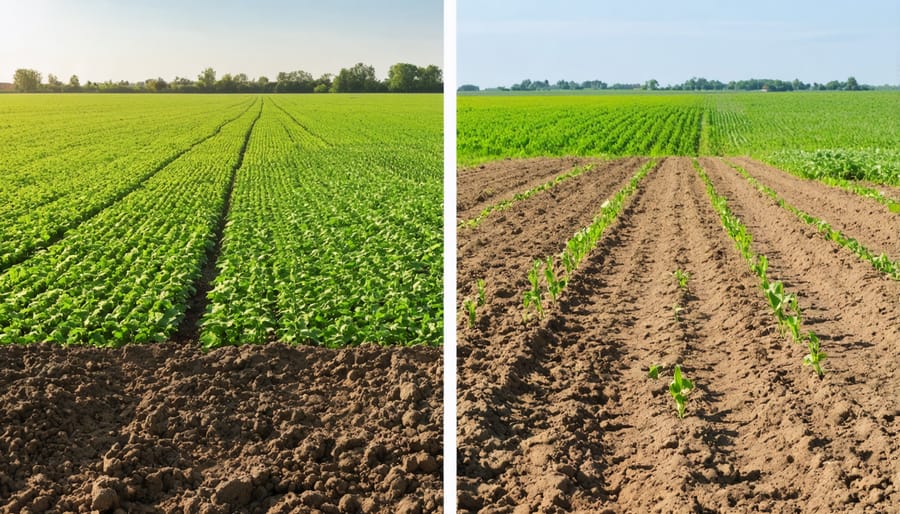 Visual comparison of conventional and regenerative agriculture fields, highlighting differences in crop and soil health