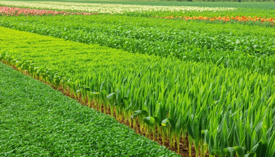 An agricultural field featuring a diverse blend of cover crop species