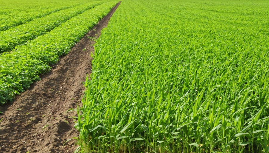 Cover crops planted in between main crop rows for soil conservation