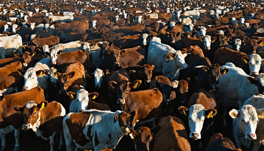 Densely packed cattle feedlot demonstrating the scale of industrial livestock production