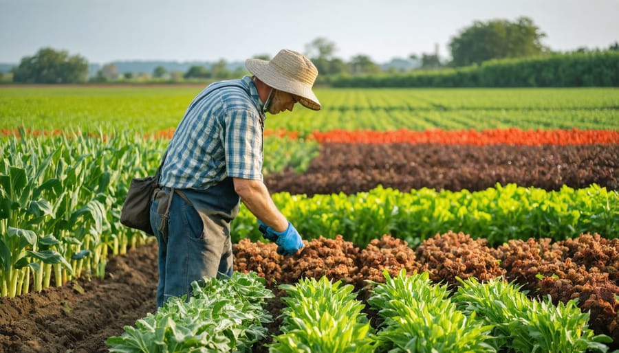 Farmer examining a field with multiple crop species