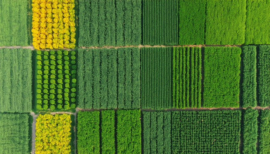 Colorful patchwork of various crops demonstrating crop rotation and diversity