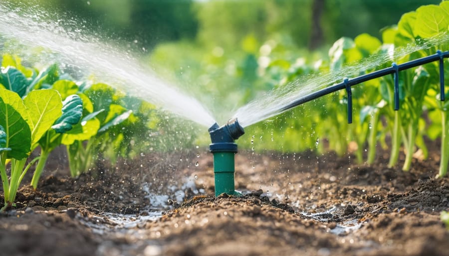 Closeup of drip irrigation lines delivering water to crop rows