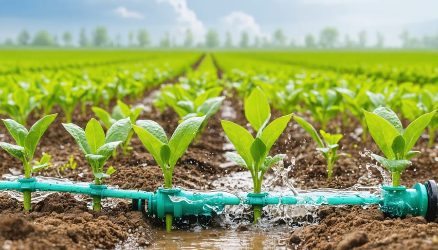 Efficient drip irrigation system watering crops in an agricultural field