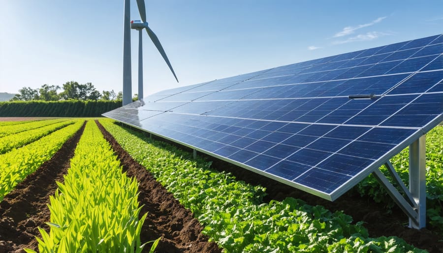 Renewable energy sources, wind turbine and solar panels, on an organic farm