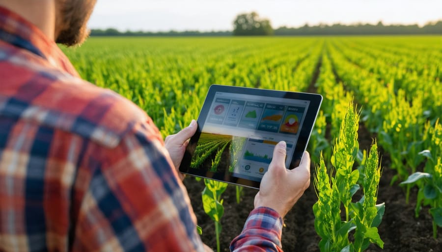 Farmer using data analytics software on a tablet to make data-driven decisions