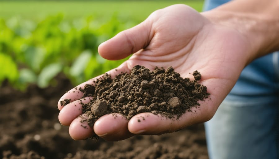 Farmer holding and examining soil in their hand